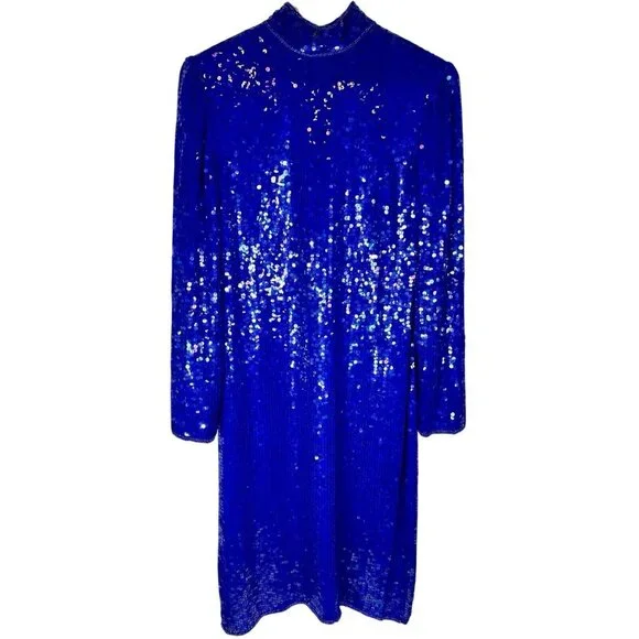 SCARLET RAGE Women's Vintage Blue Sequin Silk High Neck Sheath Dress Large - Picture 1 of 8